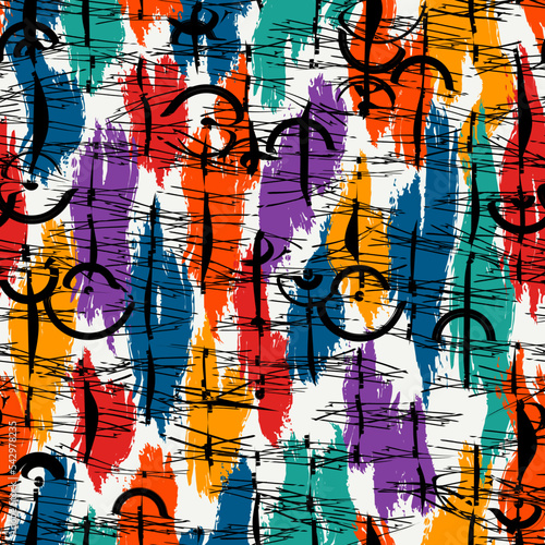 Ethnic motif hand drawn print. Paint brush indigenous style seamless pattern. Freehand design tribal background. Handdrawn primitive ornament