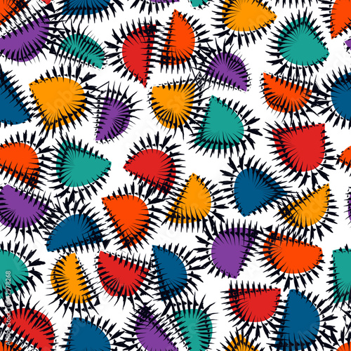 Half circle seamless pattern. Irregular chaotic sliced pieces motif. Hand drawn modern simple geo ornament. Brushstrokes funny print. Freehand doodle design background