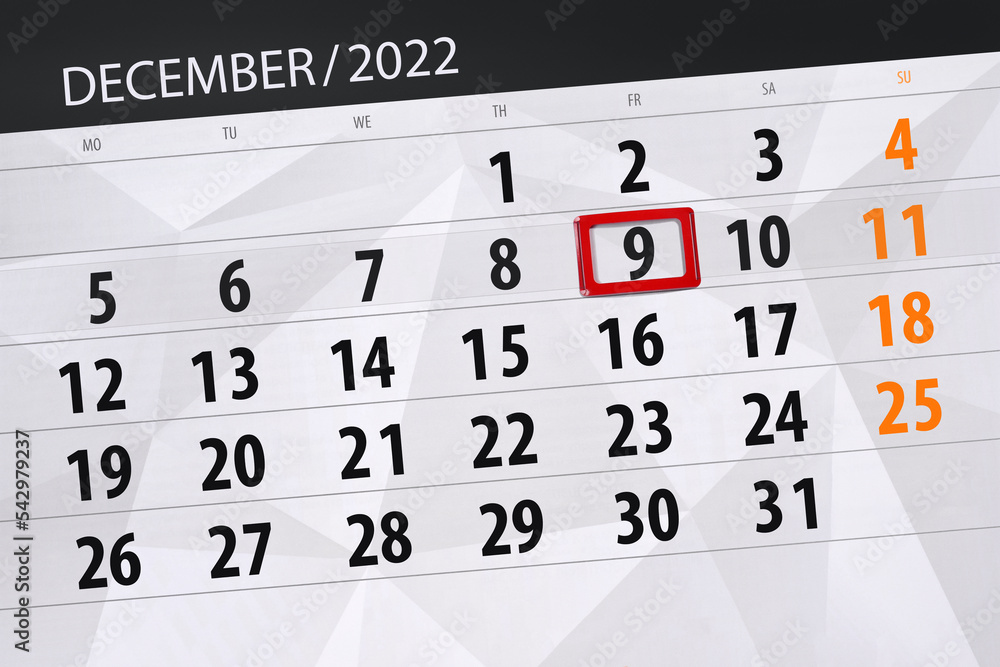 Obraz premium Calendar 2022, deadline, day, month, page, organizer, date, december, friday, number 9