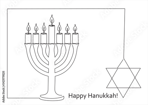 Happy Hanukkah. Menorah one line drawing. Continuous one single line drawing of Traditional Jewish candle. Judaism. 