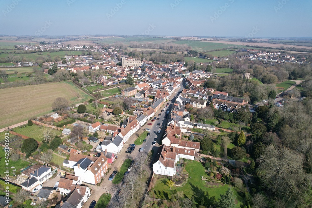 Clare market town in Suffolk England Aerial drone