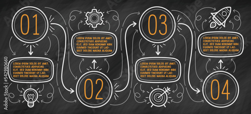 Hand drawn infographic on blackboard. Four steps with text boxes can be used for timeline. Vector illustration.