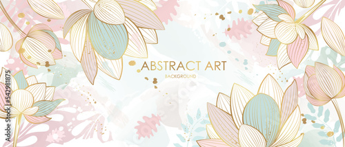 Vector poster with golden plants and flowers on a watercolor background. Abstract background. 