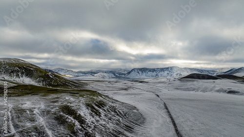 aerial view on icelandic lanscape with f-road, mountains and snow