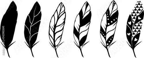 Decorative vintage silhouettes of feathers. Vector graphics.Black and white illustration.