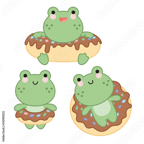 Set of three cute frogs on vacation in kawaii style. Swimming in a donut-shaped rubber ring with colorful sprinkles.