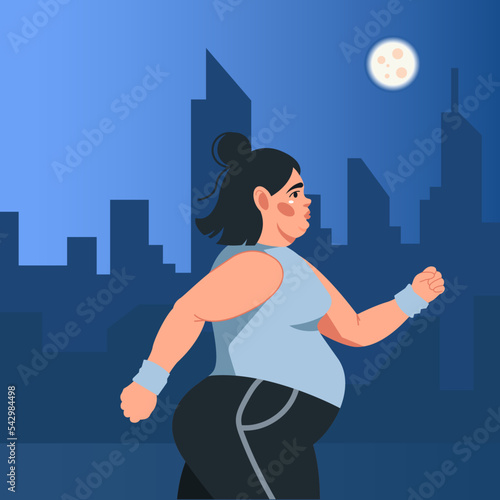 Vector illustration in a flat style with a young obese woman running against the background of a night city. Healthy lifestyle, weight loss, sports, training, running