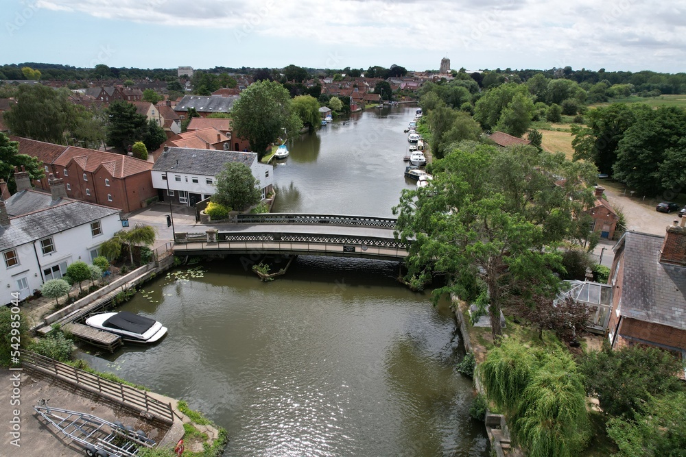 Road bridge Beccles town in Suffolk UK drone aerial view