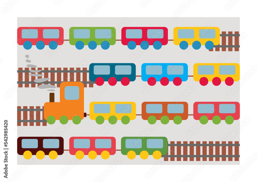 Obraz premium Train toys pattern. Locomotive for kid. Cartoon wagon, wheels and railway for child. Train isolated on gray background. Cute icon for holiday, birthday and shop. Transport children game. Vector.