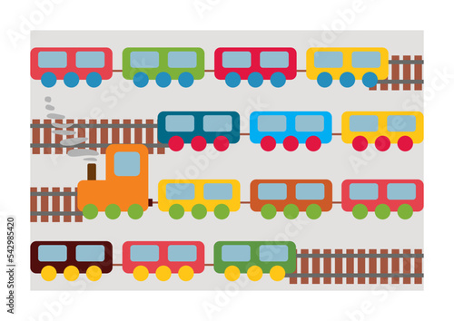 Train toys pattern. Locomotive for kid. Cartoon wagon, wheels and railway for child. Train isolated on gray background. Cute icon for holiday, birthday and shop. Transport children game. Vector.