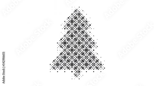 Black and white halftone transition with a Christmas tree appearing.