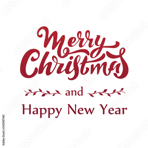 Merry Christmas and Happy New Year, red letters with floral elements on white background. Festive illustration. Merry Christmas card. Invitation congratulation banner poster. Winter holidays