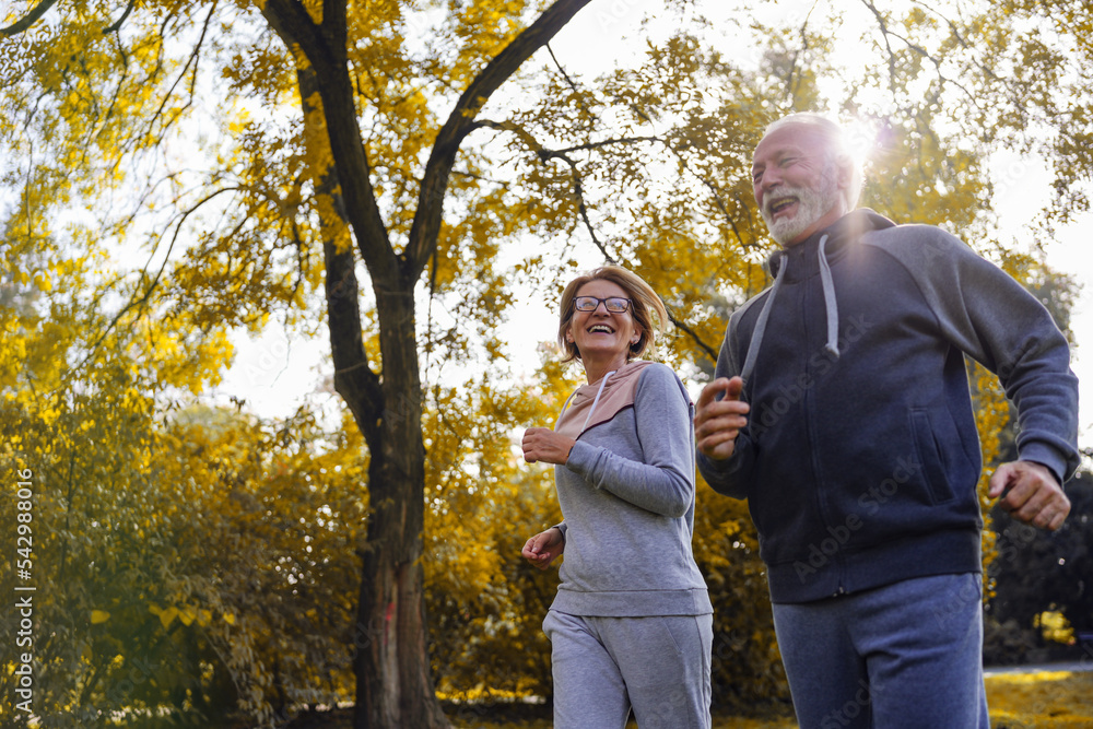 Cheerful active senior couple jogging in the park. Fitness routines for elderly people. Working out together. Exercise to stop aging. 