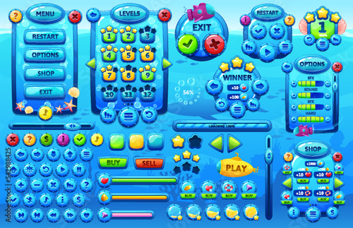 Underwater ocean game interface, cartoon sea GUI elements, vector UI game asset. Underwater game menu option buttons and submarine arcade controls, navigation arrows, GUI props and user play assets