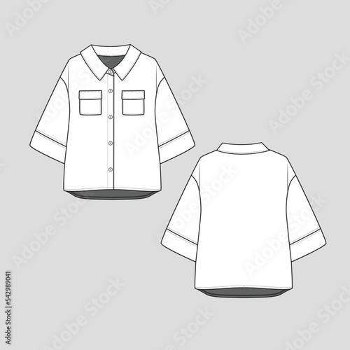 Polo Collar Neck t shirt top Button panel flap pocket high low dip hem drop shoulder wide sleeve detail  fashion flat sketch template vector