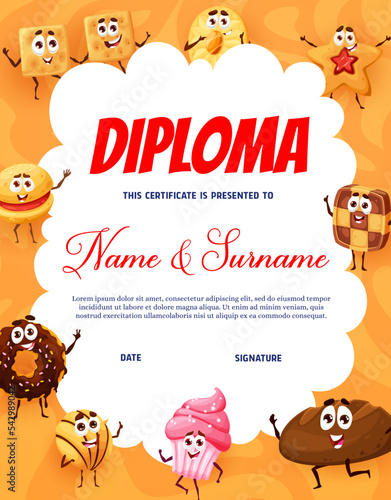 Kids diploma bakery, pastry, cakes and cookies personages. Cartoon vector school or kindergarten certificate with funny characters donut, muffin, shortbread, rye bread and crackers sweets