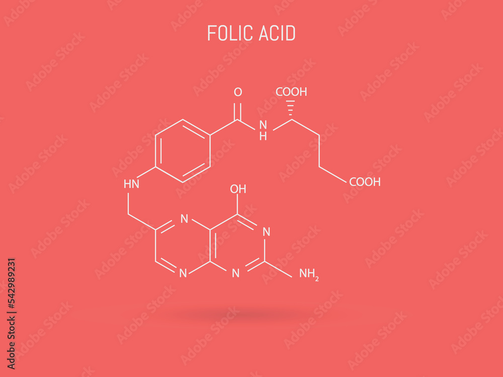 Chemical structure of folic acid. Also called pteroylglutamic acid, a