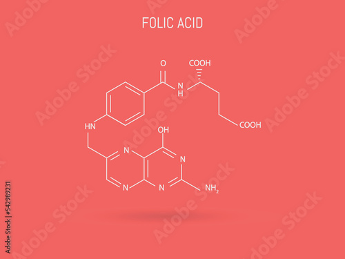 Chemical structure of folic acid. Also called pteroylglutamic acid, a water-soluble vitamin of the B complex that is essential for the synthesis of nucleic acids.

