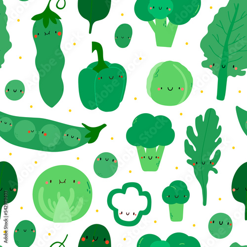 Green vegetables seamless pattern. Cute vector texture with food characters - kale, arugula, peas, bell pepper, broccoli, spinach, cabbage. Green healthy food background