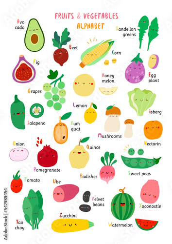 Fruits and Vegetables alphabet. Vector food educational poster. Learn letters with cute hand drawn food characters