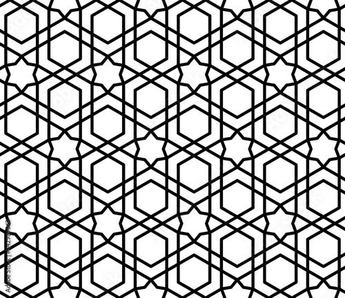 Mashrabiya arabesque arabic seamless pattern, textile print, islamic background. Wrapping paper or wallpaper arab ethnic ornate pattern, window ornament or vector fabric print, grid simple background photo