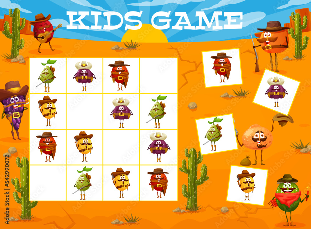 Sudoku kids game of cartoon cowboy, ranger and bandit fruit characters. Vector block puzzle worksheet with Wild West quiz of Western lychee, melon, fig and pear, watermelon and grapes in Texas desert Sudoku kids game of cartoon cowboy, ranger and bandit fruit characters. Vector block puzzle worksheet with Wild West quiz of Western lychee, melon, fig and pear, watermelon and grapes in Texas desert