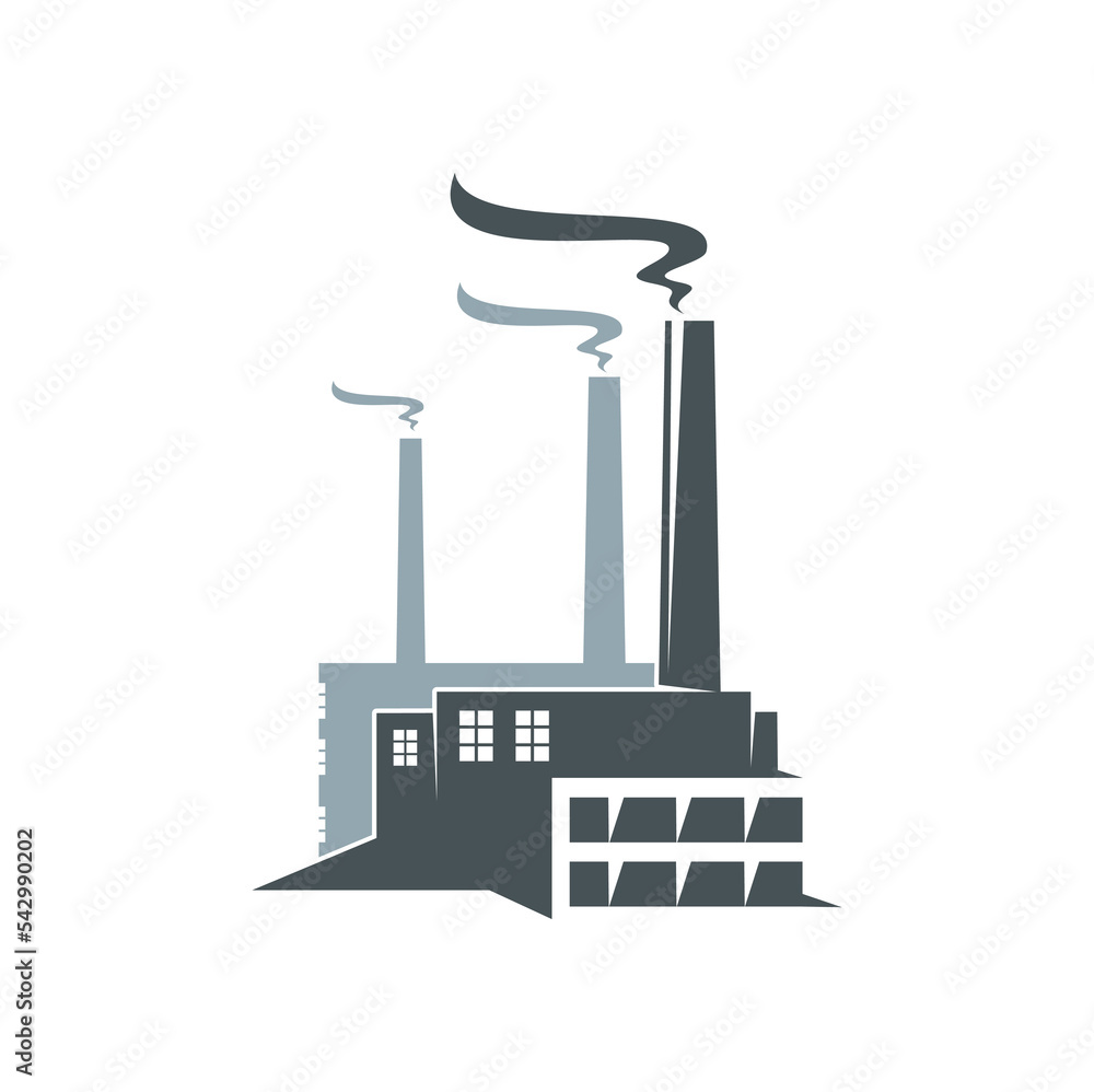 Factory icon, industrial plant. Isolated vector power station building or nuclear reactor. Refinery factory or gas station facilities with steaming pipes, emblem of energy production architecture Factory icon, industrial plant. Isolated vector power station building or nuclear reactor. Refinery factory or gas station facilities with steaming pipes, emblem of energy production architecture