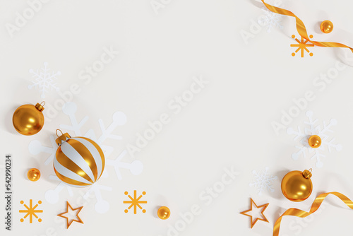 Merry Christmas And Happy New Year Greeting Card Dsign. Christmas Background. Top View And Flat Lay. 3D Illustration