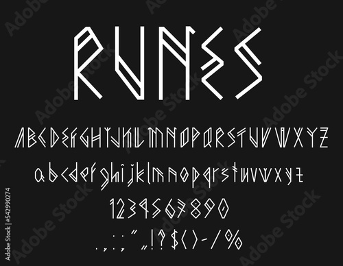 Viking runes font, scandinavian type or typeface alphabet, vector Nordic runic typography. Norse celtic or scandinavian runes font with Futhark letters, Viking script typeset ABC numbers and signs