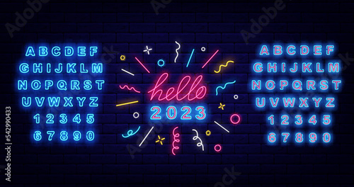 Hello 2023 neon signboard. Confetti frame. Luminous blue alphabet. New Year invitation. Vector stock illustration