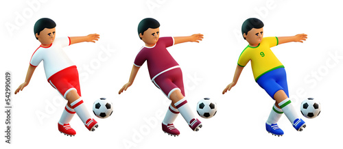 Fototapeta Naklejka Na Ścianę i Meble -  3d Football player passing ball. Soccer player kicks the ball.  3d render