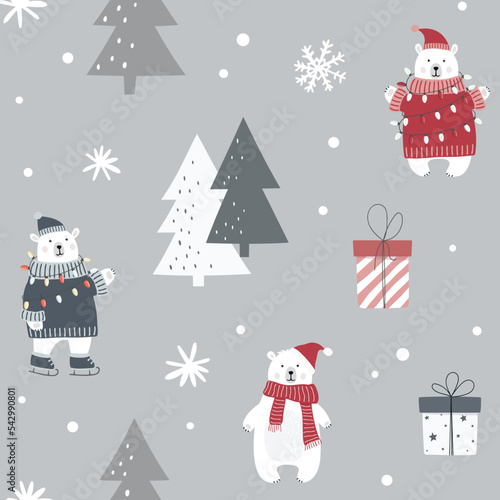 Christmas seamless pattern with polar bear and snowflakes. Can be used for fabric, wrapping paper, scrapbooking, textile, poster etc. Flat style.