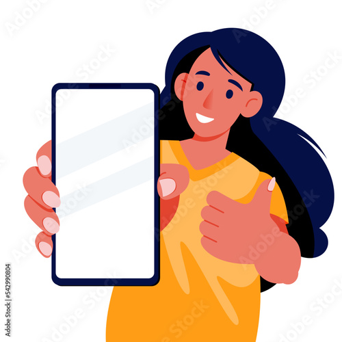 Woman holds thumb up and showing smartphone blank screen. Vector illustration. Mockup design element with place for text