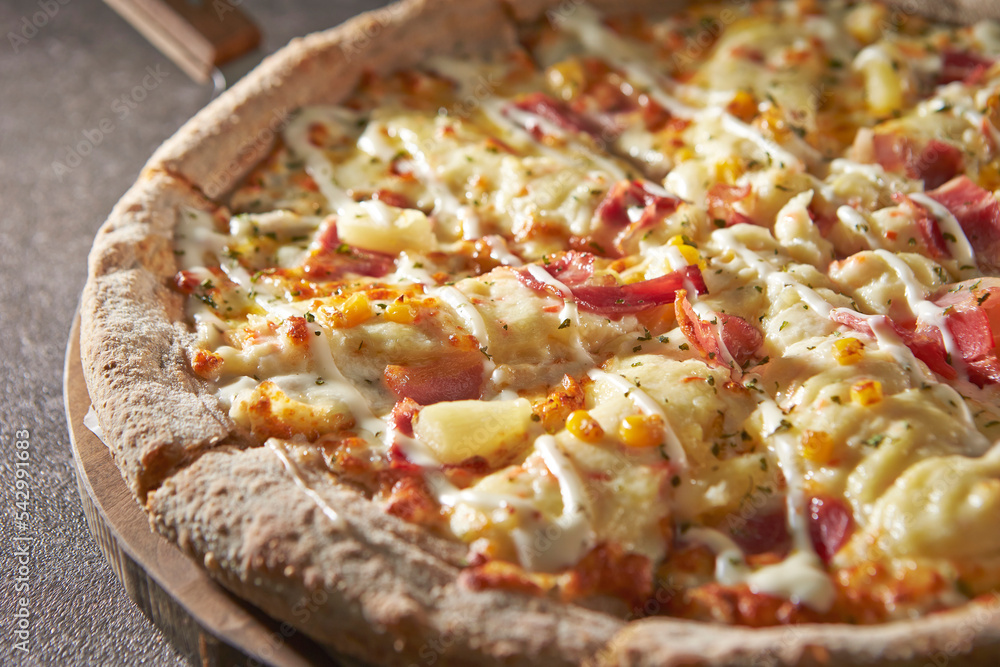 Bacon Potato Cheese Pizza on a Cutting Board Bacon Potato Cheese Pizza on a Cutting Board