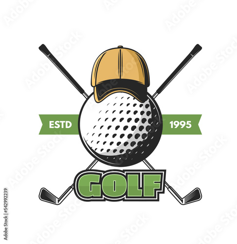 Golf sport icon with crossed clubs, golfer club championship vector emblem. Golf sport and recreation game or league club sign with golfer cap hat, ball and clubs on green ribbon