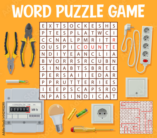 Electrician tools and equipment, word search puzzle game, vector worksheet. Riddle game to search word in grid with electrician tools, pliers and nippers, socket extension and voltage indicator