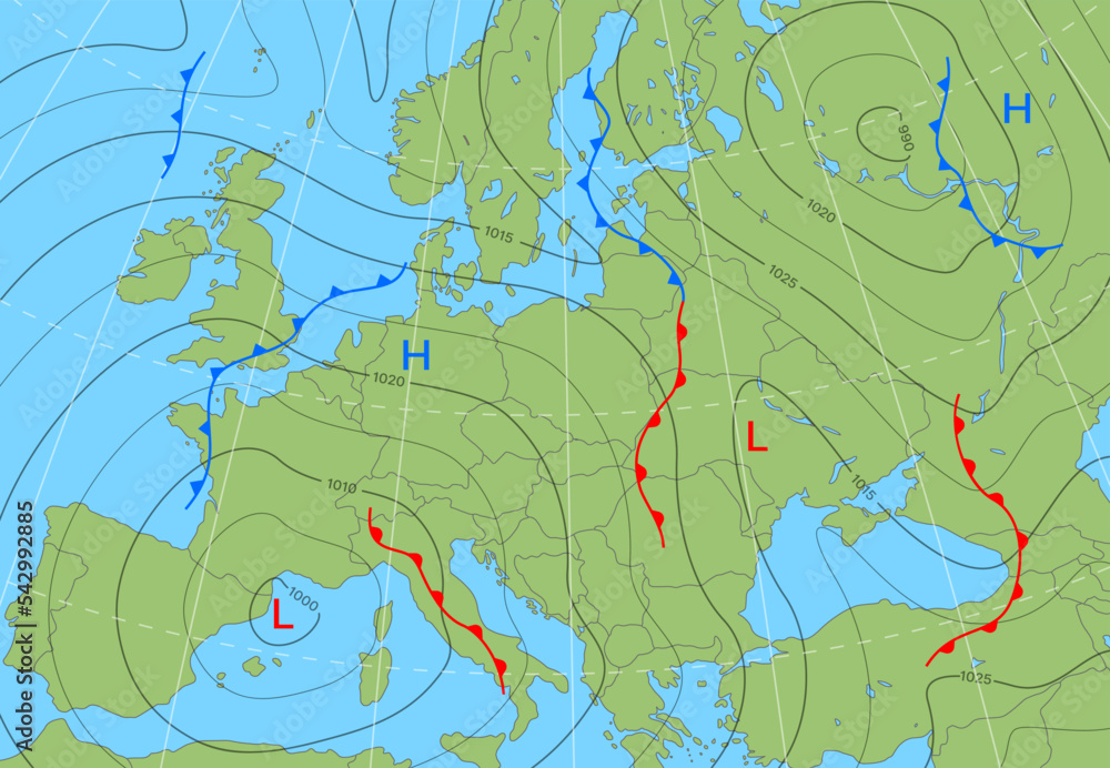 Forecast weather isobar map of Europe. Wind front, temperature and cyclones diagram. Climatology background, climate infographics, synoptic weather forecast vector isobar map of Europe - obrazy, fototapety, plakaty 