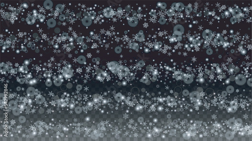 Christmas Vector Background with Falling Snowflakes Isolated on Transparent Background. Realistic Snow Sparkle Pattern. Snowfall Overlay Print. Winter Sky. Realistic Snow. Happy Christmas, New Year.