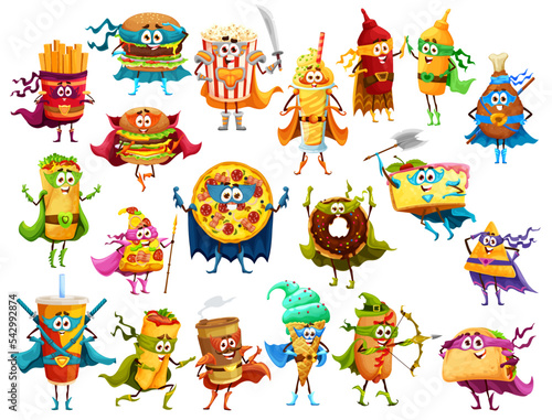 Cartoon fast food super hero and defender characters. Vector french fires, pizza, popcorn, burger, sauce, shawarma and tacos, burrito, hot dog, ice cream, donut and soda drink, coffee, cheeseburger