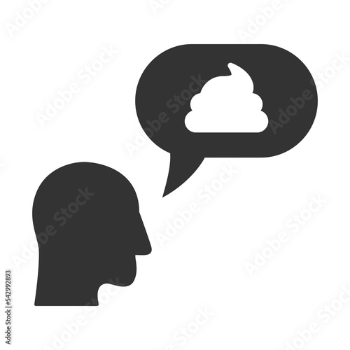 Talking head icon. Man with speaking bubble with shit symbol inside. Flat vector illustration.
