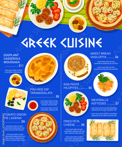 Greek cuisine menu page design. Fried feta cheese, bread Vasilopita and egg pasta Hilopites, meatballs Keftedes, eggplant casserole Moussaka and fish roe dip Taramasalata, tomato onion pie Ladenia