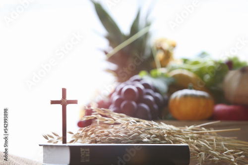 Photography Church Thanksgiving Day bountiful fruit decoration and background with bible and