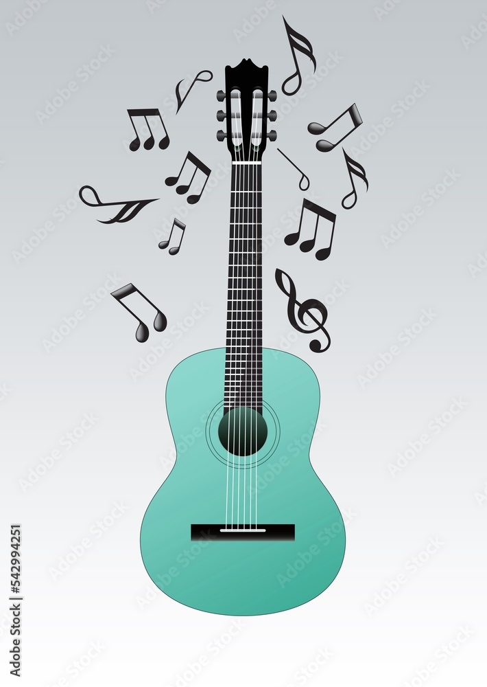 Classic acoustic guitar with flying music notes Stock Photo