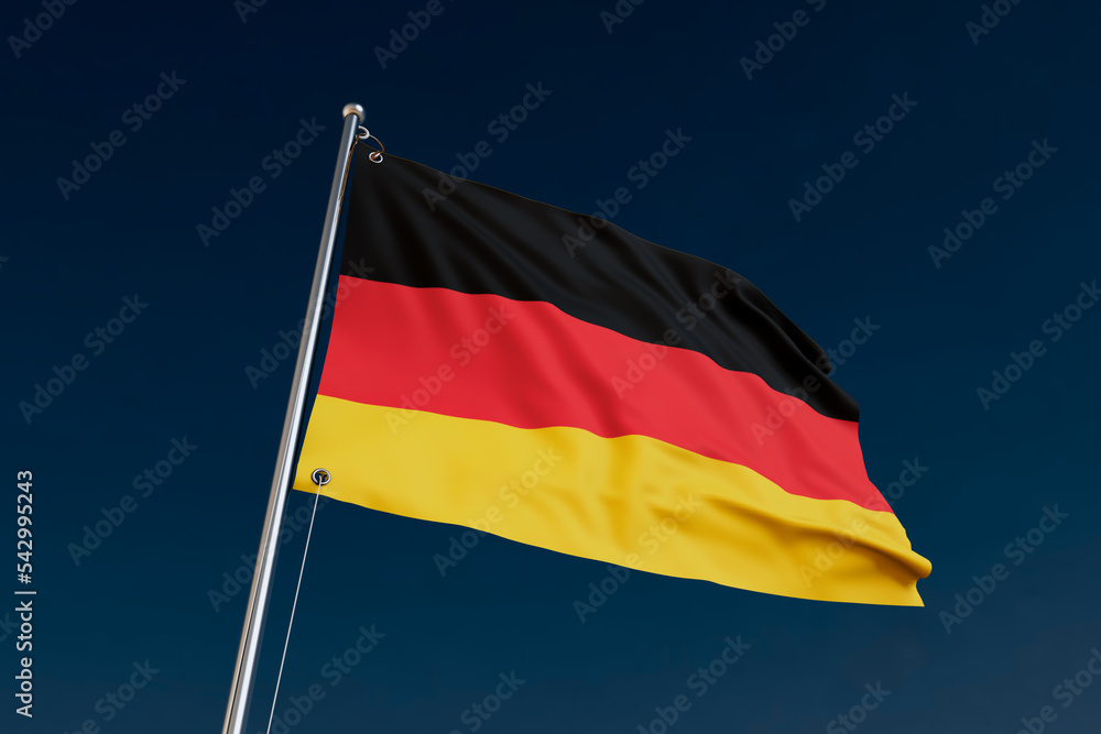 BANDERA DE ALEMANIA EN MASTIL FONDO AZUL RENDER 3D 