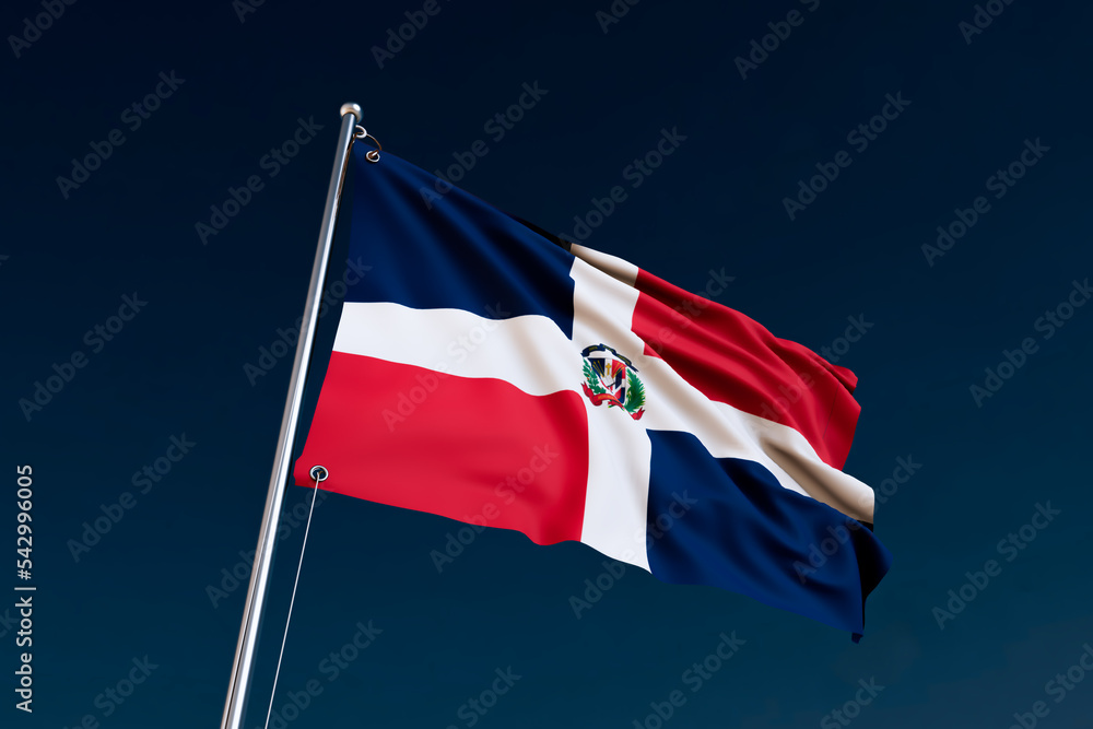 BANDERA DE LA REPUBLICA DOMINICANA EN MASTIL FONDO AZUL RENDER 3D ...