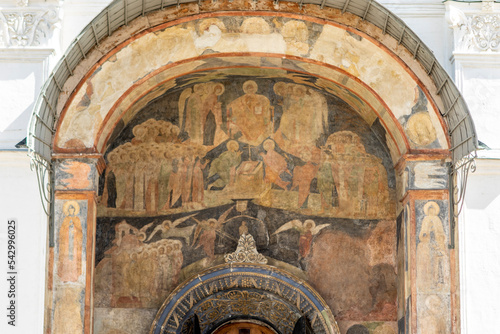 Painted old mural above the entrance of the cathedral of the Archangel Michael, Kremlin, Moscow, Russia