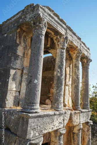 3rd third demircili imbrigon cilicia mausoleum front right shot, column, roman empire, ion corinth, silifke mersin turkey photo