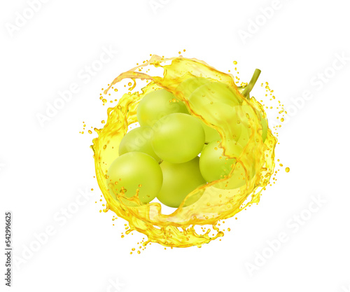 Grape with juice splash. Realistic 3d vector green grape bunch with yellow transparent juicy liquid swirl. Fresh fruit vitamin drink or wine whirl with droplets. Isolated beverage splash