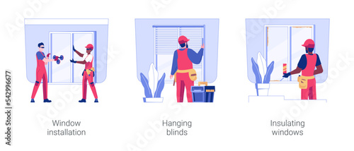 Windows service isolated concept vector illustration set. Window installation, hanging blinds, foam sealant insulation, sills assembly, interior works in residential construction vector cartoon.