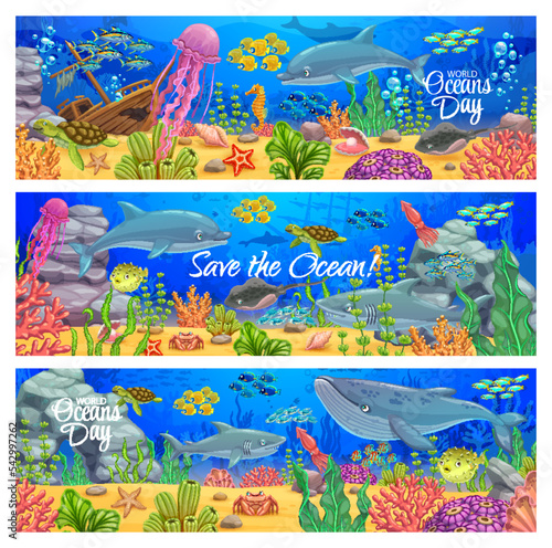 Cartoon underwater landscape banners. World oceans day, environment. Vector sea bottom, sunken ship, whale, turtle, fish shoal, tropical corals and seaweed plants. Save the ocean promo